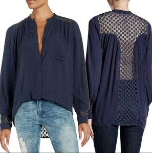 We The Free Black Crochet Crinkle Fabric Button Down Blouse M/L